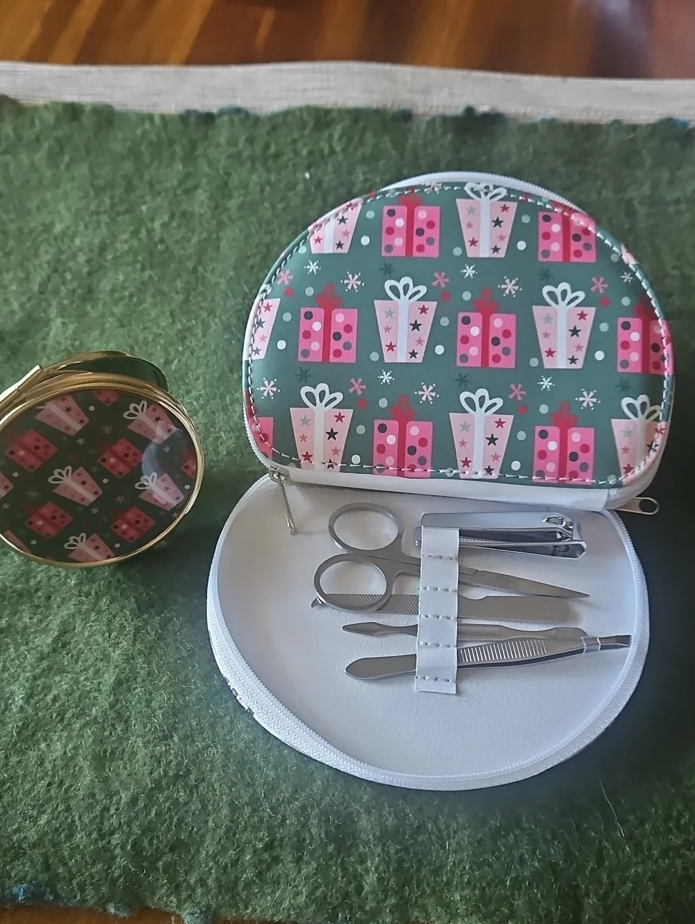 Christmas Gift Box Travel Manicure Set with Mirror & Matching Compact.  Set Of 2